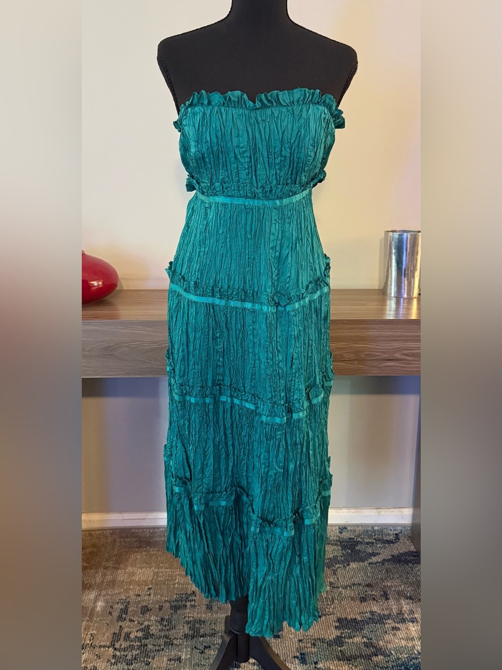 NWT Vintage Y2K Betsey Johnson White Label Teal Pleated Tiered Gown Dress L